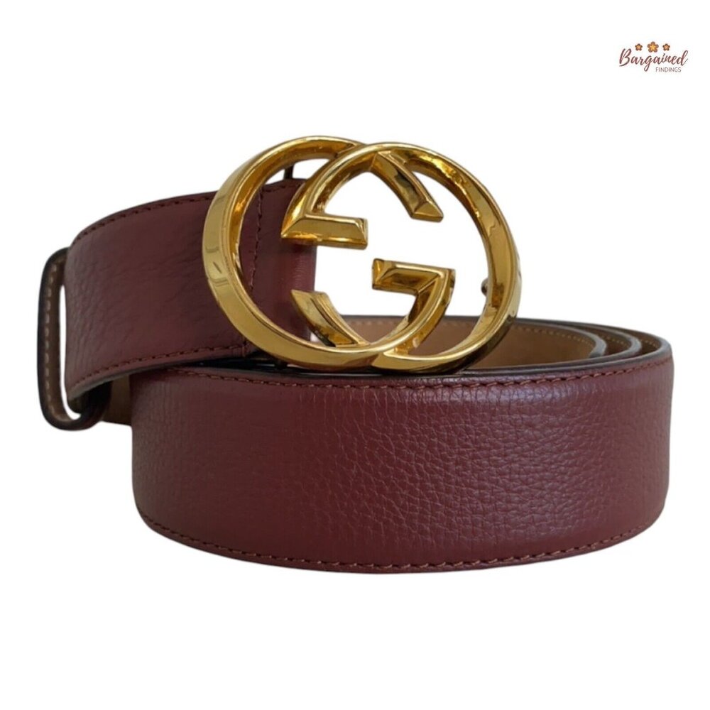 Authentic Gucci Red Pebbled Leather Gold Interlocking G Buckle Belt 95/38